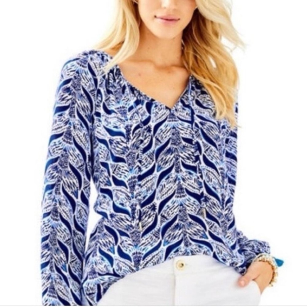 Lily Pulitzer Willa Top Blouse Resort White Mermaids Tail Blue Cruise Vacation